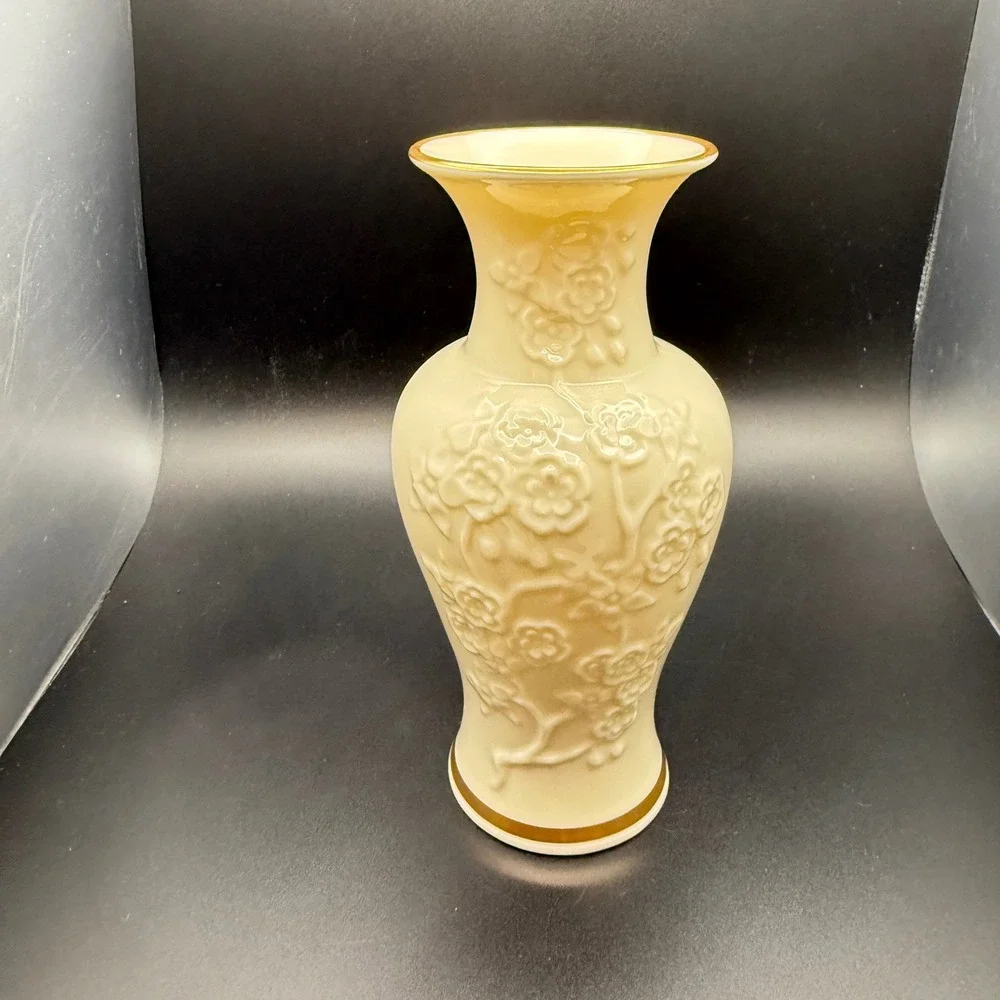 Lenox Ming Blossom Vase Cream Porcelain 24K Gold Trim Raised Floral 6 Inch